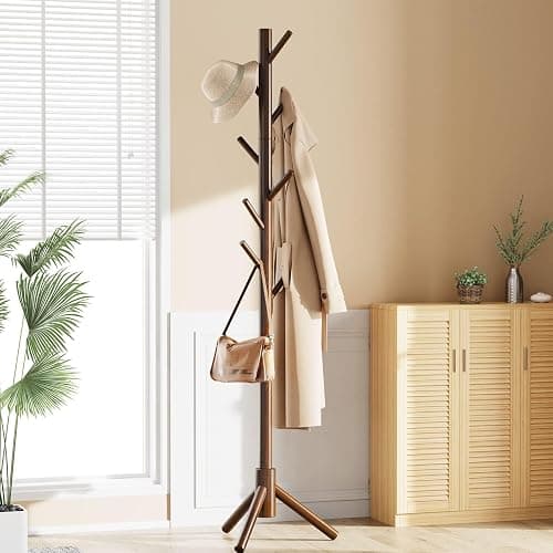 Pipishell Sturdy Wooden Coat Tree with 8 Hooks, 3 Adjustable Sizes for Clothes, Hat Stand Used in Bedroom/Office/Entryway, Brown thumbnail 7