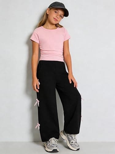 Kxuryueo Tween Girls Clothes Short Sleeve Tops and Bowknot Wide Leg Sweatpants Casual Trendy Outfit for Teen Size 7-14 thumbnail 3