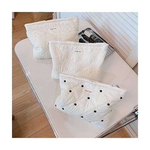 uekeboag White Quilted Cotton Makeup Pouch,Coquette Quilted Toiletry Bag for Women and Girls, Floral Coquette Organizer Bag, Aesthetic Travel Cosmetic Bags(03White Shells) - 03White Shells thumbnail 6