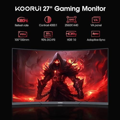 KOORUI 27 inch Gaming Monitor, QHD (2560 x 1440) R1500 180Hz Curved Monitors, AdaptiveSync with 1ms, VESA Compatible, HDR10, 1 x Display Port 1.4 & 2 x HDMI 2.0, Eye Care 27E6QCA thumbnail 2