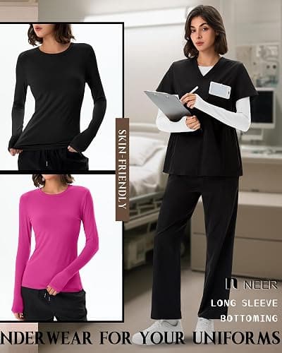 Neer 3 Pack Womens Underscrub Shirts Long Sleeve Crewneck Tops Fitted Layering Clothes Comfort Knit Tops for Nurse thumbnail 4