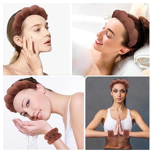 Zkptops Spa Headband for Washing Face Wristband Set Sponge Makeup Skincare Terry Cloth Bubble Soft Get Ready Hairband for Women Girl Puffy Padded Headwear Non Slip Thick Hair Accessory(Dark Brown) thumbnail 4