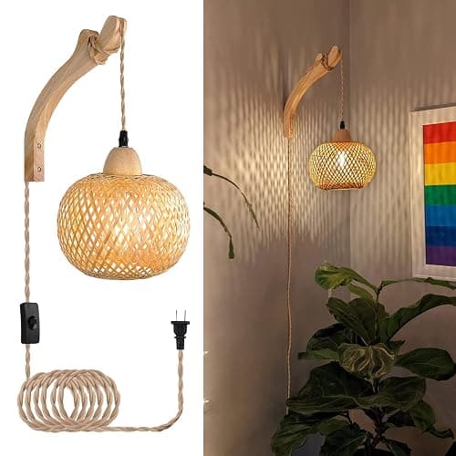Frideko Bamboo Lantern Plug in Wall Sconces Wicker Wall Lamp with Plug in Cord Hand Woven Rattan Wall Light Farmhouse Rustic Wall Sconces Boho Sconces Wall Lighting for Living Room Bedroom - Image 1