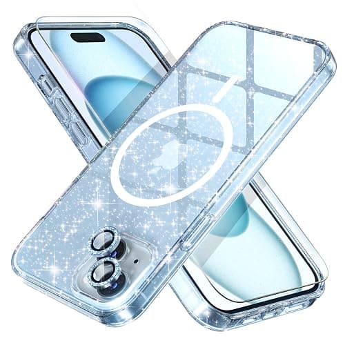 Choiche Compatible for iPhone 15 Case Magnetic, Women Clear Glitter Bling Sparkly Case, [2xDiamond Camera Lens Protectors] [2xTempered Glass Screen Protectors] [Compatible MagSafe] (Glitter Blue) - Image 1