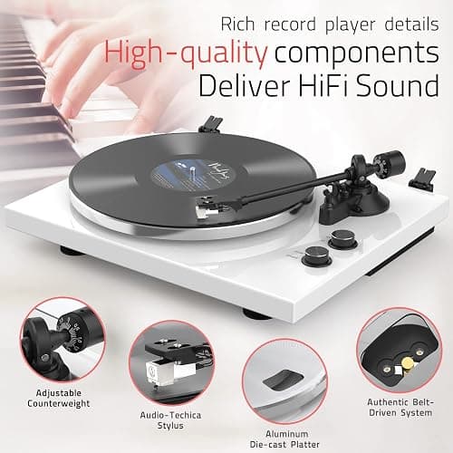 Record Player Turntables with Wireless Output Connectivity Vinyls Players Belt-Drive 33 45 RPM Speed Phono Line USB Digital to PC Recording MM Cartridge AT-3600L Classic New Sleek Piano White thumbnail 3