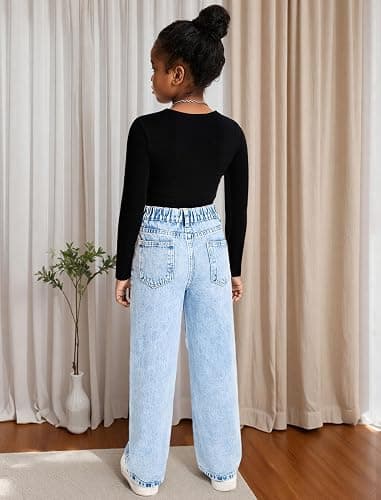 oyyniis Baggy Jeans for Girls Wide Leg Ripped High Elastic Waisted Denim Pants Cute Summer Trousers Y2K Streetwear 7-14Y thumbnail 3