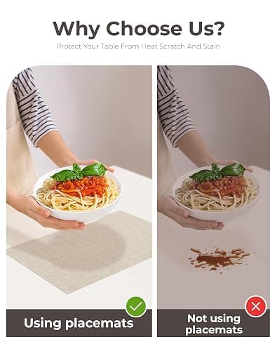 Leetaltree Beige Placemats Set of 6 - Heat Resistant Non-Slip Place mats for Dining Table, Washable Durable PVC Vinyl Woven Table Mats(Beige, 6) thumbnail 9