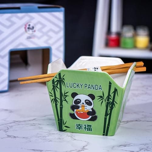 Urban Tokyo Chinese Takeout Box Style Porcelain Bowl With Chopsticks 18 fl oz Square Box Shape Rice Noodles Pasta To Go Box Shaped Bowl Microwave Dishwasher Safe (Hungry Panda) thumbnail 7