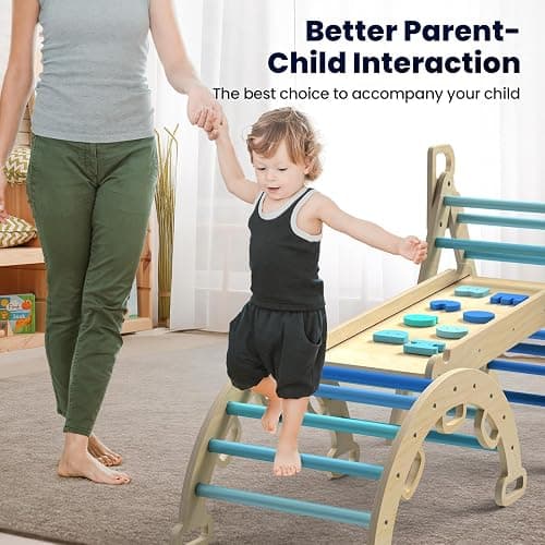 BlueWood Pikler Triangle Set, 7-in-1 Foldable Wooden Toddler Climbing Toys Indoor Playground Jungle Gym Montessori Philosophy Climber for 2-6 Years Old, Baby, Kids (Sky Blue) thumbnail 3
