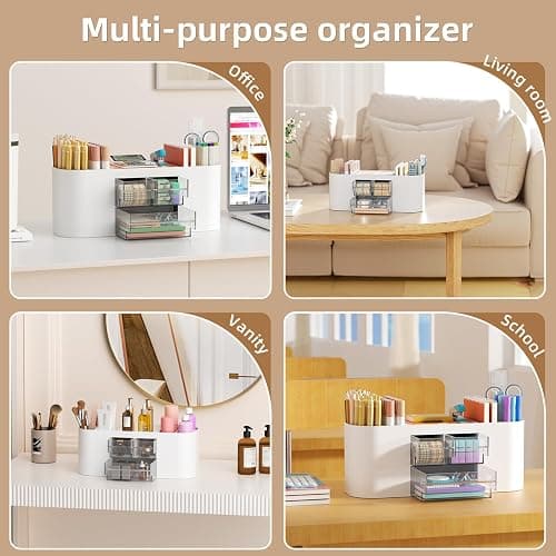Marbrasse Desk Organizer Pen Holder for Desk with 3 Drawers, Multi-Functional Pencil Holder, Desk Organizers and Accessories with 7 Compartments for Home, School, Classroom(White) thumbnail 6