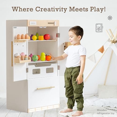 Wooden Play Kitchen Fridge – Interactive Ice Maker, Double Door Storage & Creative Fridge Magnets, Pretend Play Refrigerator for Boys & Girls 3+ thumbnail 6