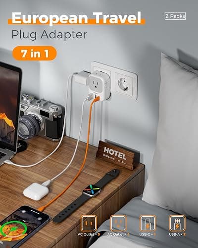 TESSAN European Travel Plug Adapter 2 Pack, Type C Plug | Not Voltage Converter, 4 Outlets 3 USB (1 USB C PD 20W), For Europe Italy Spain France Portugal Iceland Germany thumbnail 4