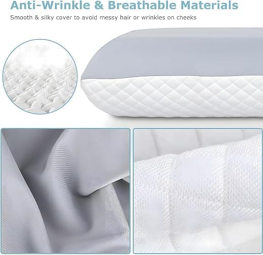Syekcl Memory Foam Pillow Queen Size, Cooling Orthopedic Bed Pillow for Sleeping – Medium Firm Neck & Shoulder Support, Double-Sided Design for All Seasons, Washable Cover (White & Gray) thumbnail 7