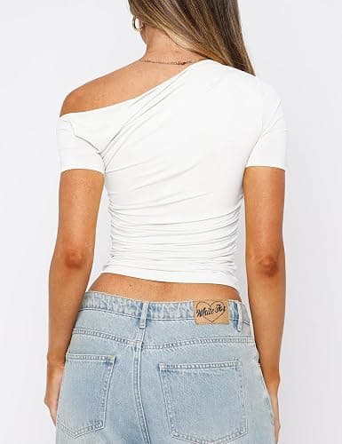 ForeFair Womens Short Sleeve Off Shoulder Tops Going Out Crop Top Slim Fitted Shirts Summer Outfits Y2K Cute Tops thumbnail 4
