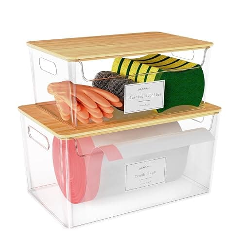 COAZEX 2 Pack Trash Bag Holder Under Sink Stackable, Plastic Garbage Dispenser with Lid, Trash Bag Storage Dispenser Roll Holder for Kitchen, Pantry, Laundry Room Organization - Clear - Image 1