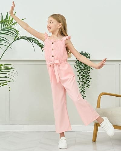 SODLON Girls Jumpsuit Kids Romper Cute Summer Smocked Outfits Size 5-12Y | Fashion Preppy Girls Clothes, Ruffle School Graduation Picture Girl Jumper, Sleeveless Tween Jumpsuits with Belted & Pockets thumbnail 3