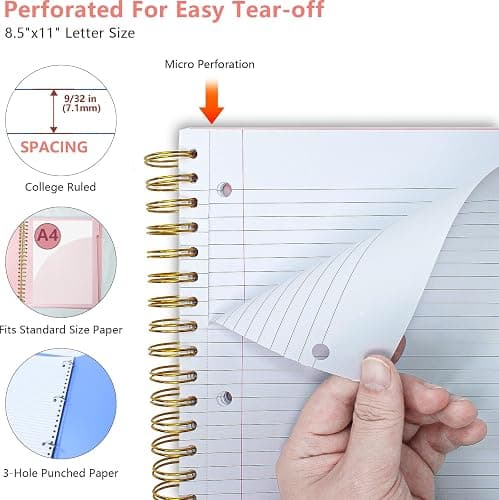Aesthetic 5-Subject Notebook College Ruled with 5 Movable Tab Dividers & Pockets, 150 Sheets, 3-Hole Punched, Spiral Notbook, Plastic Cover, Fits 8.5"x11", 68gsm Paper, Includes Writable Stickers – Cute School Journal or Office Supplies, Pink thumbnail 5