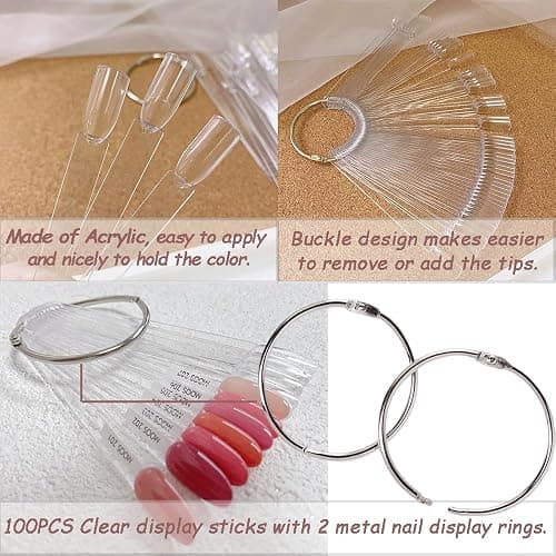 XFentech 100 PCS Clear Nail Swatches Fan-shaped Nail Swatch Sticks Nail Colour Display Tips - Transparent Art Tips Color Sticks with Metal Ring for Salon and Beginners thumbnail 4