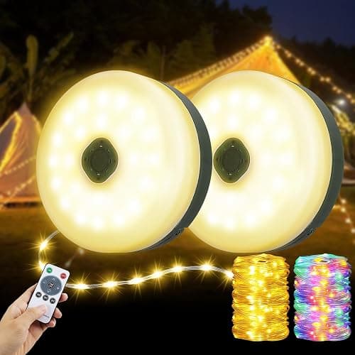 2PCS Camping String Lights 33ft, 4 in 1 Rechargeable 100LED Outdoor Tent String Lights with 14 Lighting Modes Remote Control Waterproof with Timer Function for Camping Gear Essentials Hiking Garden - Image 1