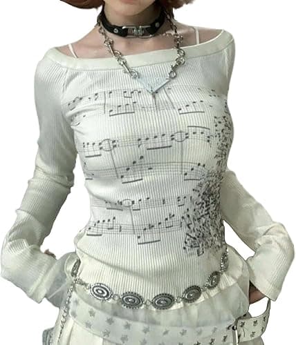 Y2K Emo Grunge Goth Shirt Long Sleeve Off Shoulder Teen Girls T-Shirt Alt Top 2000s Clothes - Image 1
