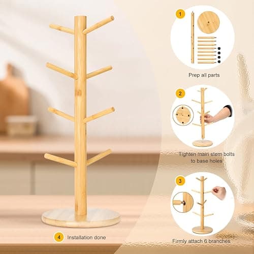 Woevviuy 8 Hooks Large Capacity Mug Holder Tree, Bamboo Mugs Trees for Counter, Detachable Cup Stand Holders Coffee Bar Accessories thumbnail 6