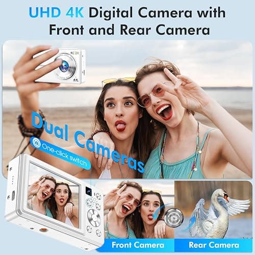 4K Digital Camera, 64MP Autofocus Vlogging Camera with Dual Lens, 16X Digital Zoom YouTube Compact Travel Point Shoot Camera for Teens Beginner, Anti-Shake,2 Batteries, 32GB Card (White) thumbnail 4