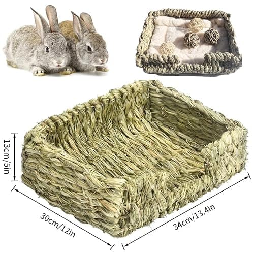 KitKni Natural Seaweed Pet Bed with Plush Cushion, 4 Woven Balls, Handmade Tetragonal Pet Basket, Cozy Indoor Den for Rabbits, Cats and Small Dogs thumbnail 3