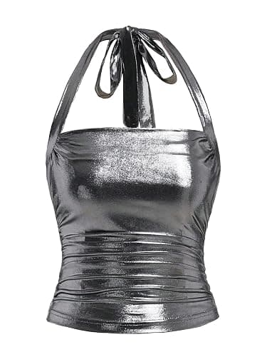 Floerns Women's Sparkly Metallic Clubwear Halter Tie Neck Sleeveless Ruched Tank Top - Image 1