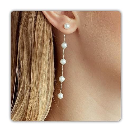 Trinckle Pearl Earrings for Women, Gold Pearl Drop Earrings Dainty Silver Dangle Earring for Wedding, Bow Stud Jewelry as Christmas Gifts Statement Silver Hoop Bride Earring as Boho Prom Accessories - Image 1