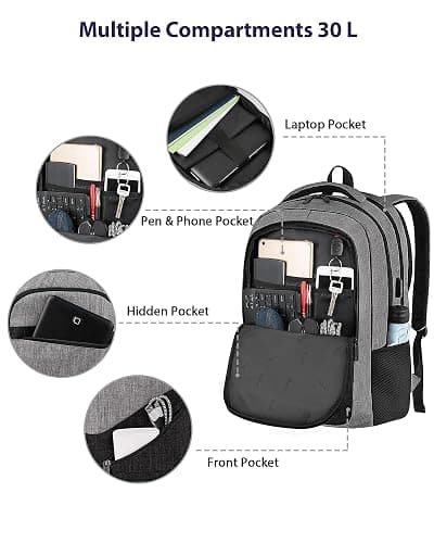 MATEIN 17 Inch Work Backpack for Men Women, Water Resistant Practical Travel Laptop Backpack with Trolley Sleeve, Casual College Daypack Laptop Compartment TSA Friendly, Grey Black thumbnail 7