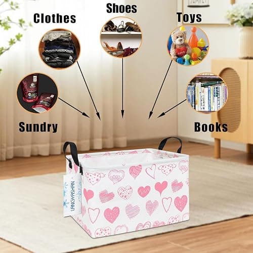 LANGYASHAN Rectangular Storage Bin Collapse Canvas Fabric Cartoon Storage Basket with Handles for Organizing Home Kitchen Boys and Girls Toys Office Closet Shelf Baskets (Rec Angel Heart) thumbnail 6