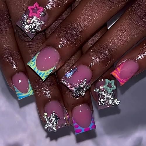 FIEONCIY Press on Nails Duck Shaped Glossy Full Cover Acrylic Duck False Nails with Designs Artificial Medium Duck Shaped Fake Nails with Charms Glue ons Fingernails for Women Girls(CC20) - French and Star Gems Rhinestone - Image 1