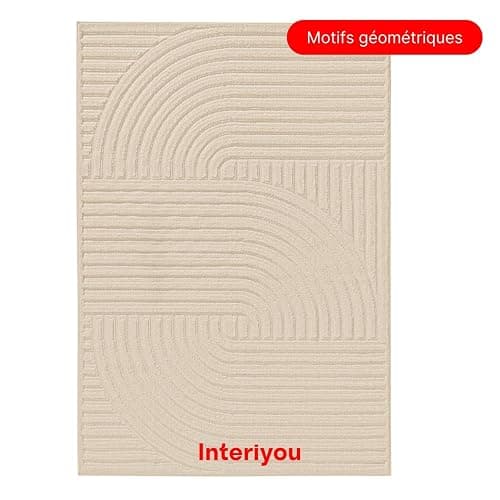 Interiyou Tapis Salon à Poils Courts Lecce - 120x170 Crème - Intérieur pour Chambre, Bureau, Couloir - Motif bohème scandinave avec Effet 3D - Design géométrique Plat thumbnail 7