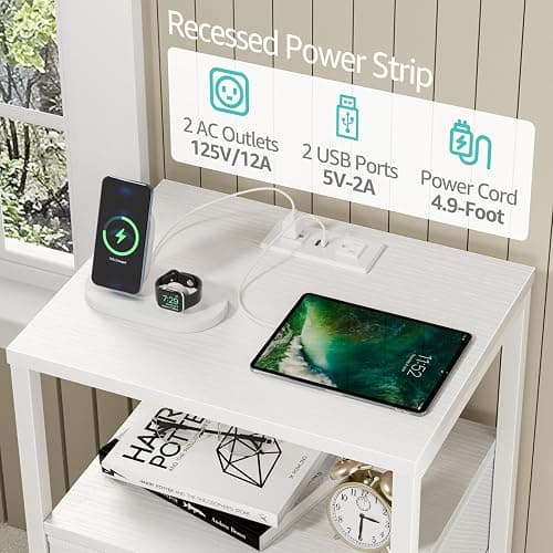 BOLUO White Nightstand with Charging Station, LED Night Stand with 2 Fabric Drawers, Bedside Table with USB Ports and Outlets, Nightstand for Bedroom Modern thumbnail 5