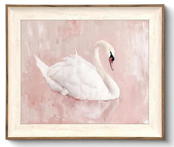 Uniro Framed Canvas Wall Art Swan Decor, Vintage Wall Art Animal Oil Painting Bathroom Wall Decor, White Swan Vintage Art Prints for Pink Room Decor, Pastel Pink Coquette Room Decor for Nursery, Bedroom, Girly R.oom D.ecor- 10x12 inches - Image 1
