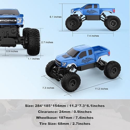 DOUBLE E Ford Raptor F150 RC Car 4WD Monster Trucks for Boys,11 Inches Off Road Crawler Vehicle RC Truck Toy Gift for Boys Girls 6 7 8-12 Years-Blue thumbnail 3