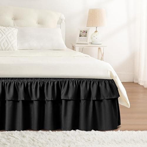 RIMELA Queen Size Ruffle Bed Skirt 16 Inch Drop - Black Double Layered Wrap Around Dust Ruffle, Romantic Cute Design Bedskirt with High-Density Fabric, Soft Stretchy, Easy Install for Queen Bed - Image 1