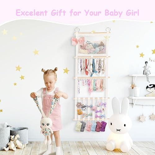 Headband Holder Hair Bow Organizer for Girls, 52x17 inch Beige Wall Hanging Headband Hanger Shelf w/Mesh Pocket, Baby Hair Accessories Organizer Storage for Toddler Nursery Kids Room Decor thumbnail 7