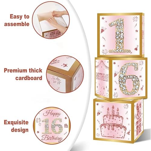DataMoon 16th Birthday Decorations Boxes for Girls | 3PCS Pink Rose Gold Sweet 16 Birthday Balloons Boxes,Sixteen Year Old Party Supplies for Girls thumbnail 6