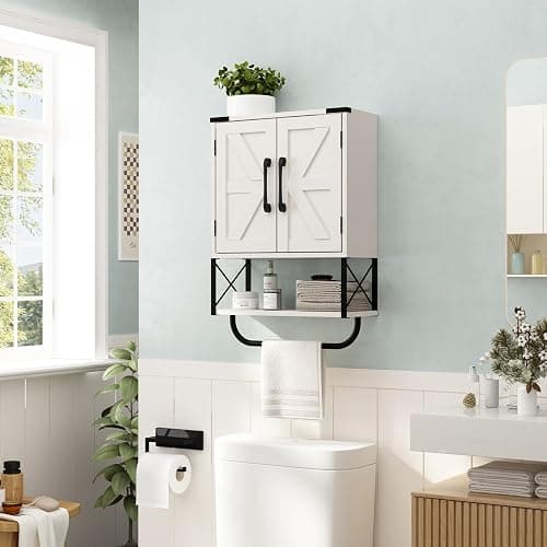 RUSTOWN Farmhouse Rustic Medicine Cabinet with Two Barn Door,Wood Wall Mounted Storage Cabinet with Adjustable Shelf and Towel Bar, 3-Tier Cabinet for Bathroom, Living Room(Vintage White) thumbnail 2