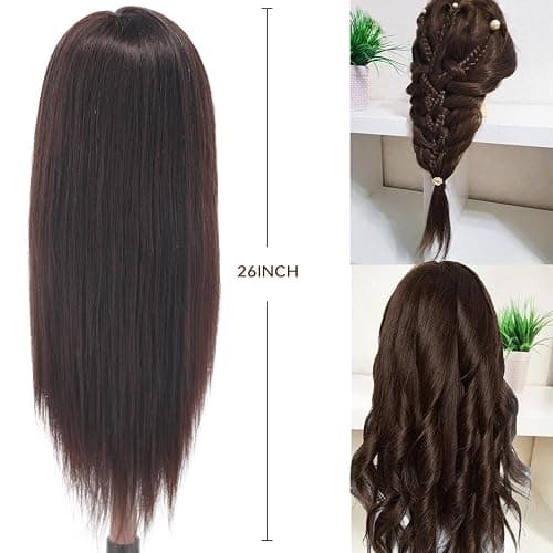Mannequin Head Human Hair, 80% Real Hair 26-28" Cosmetology Mannequin Head Hair Styling Hairdressing Practice Training Doll Heads with Clamp Holder and Tools (#4 Dark Brown) thumbnail 6