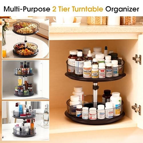 2 Tier Medicine Cabinet Organizer, Rotary Turntable Organizer for Medicine and Vitamin Bottles, Under Sink Organizer for Medicine, Bathroom Cabinet Storage, Tray has Removable Dividers, Easy Assembly thumbnail 7