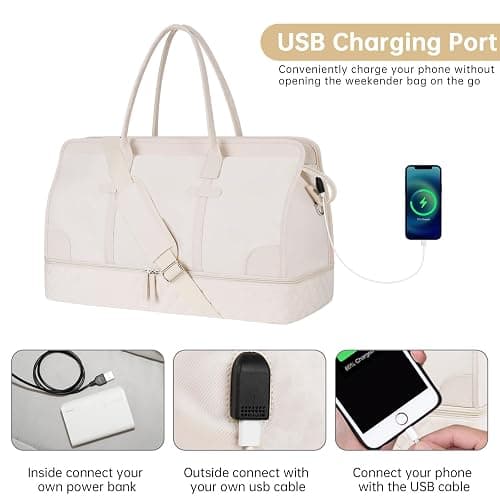 ETRONIK Weekender Overnight Bag for Women, Large Travel Duffle Bag with Shoe Compartment & Wet Pocket, Carry On Gym Duffel Bag with Toiletry Bag for Hospital 3 Pcs Set, Beige thumbnail 5