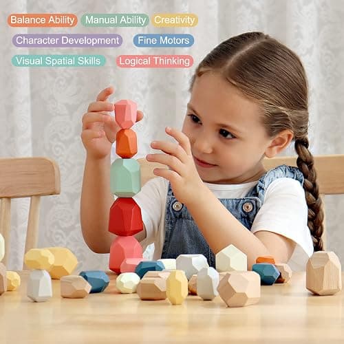 BESTAMTOY 36 PCS Wooden Sorting Stacking Rocks Stones,Sensory Toddler Toys Learning Montessori Toys, Building Blocks Game for Kids 3 4 5 6 Years Boy and Girl Birthday Gifts for Kids thumbnail 4