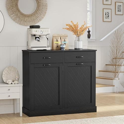 Double Tilt-Out Trash Can Cabinet, 2x15 Gallons Hidden Garbage, Hidden Kitchen Trash Cabinet with Storage Drawer, Pet-Proof Wooden Garbage & Recycling Cabinet for Kitchen, Laundry & Living Room, Black - Image 1