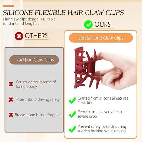 4 Pcs Flexible Hair Clip, 4.1Inch Flexible Claw Clip for Women Girls | Unsnappable Soft Claws Clips for Lying Down & Driving, Non-slip Strong Hold Hair Clips for Thin Thick Hair, Brown&Red thumbnail 5