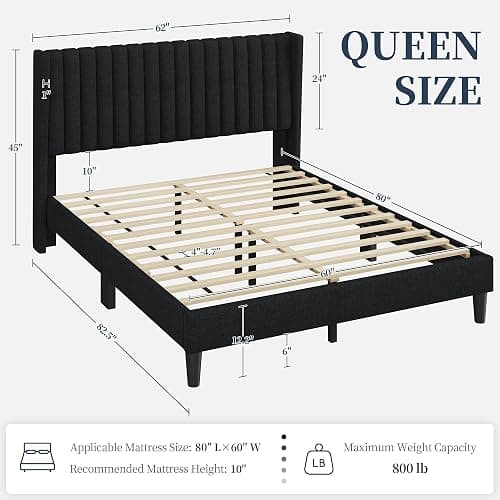 Yaheetech Queen Bed Frame Upholstered Platform Bed with Fabric Headboard, Wing Edge Design/Non-Slip and Noise-Free/Wooden Slats Support/No Box Spring Needed/Easy Assembly, Black Queen Bed thumbnail 2