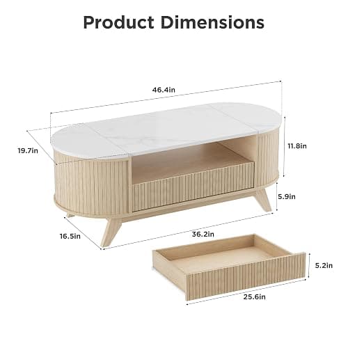 Coffee Table with Storage, Mid Century Modern Center Table for Living Room, Oval Fluted Coffee Table with Hidden Storage Space, Open Shelf & Drawer, Natural Wood thumbnail 2