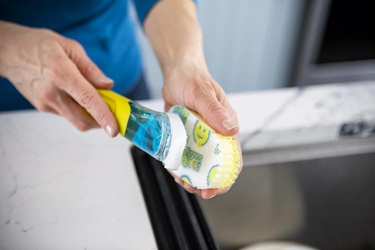 Scrub Daddy Dish Wand, Soap Dispensing Dish Brush, Texture Changing Washing Up Sponge with Liquid Handle, Built-in Scraper & Detachable Scrubbing Head, Drip Stand, Yellow thumbnail 2