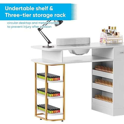 TABU Professional Manicure Table, Large Nail Table for Nail Tech with Pull-Out Drawers& Opening Storage Cabinets, Nail Workstation with Dust Collector, Wrist Cushion, White thumbnail 5